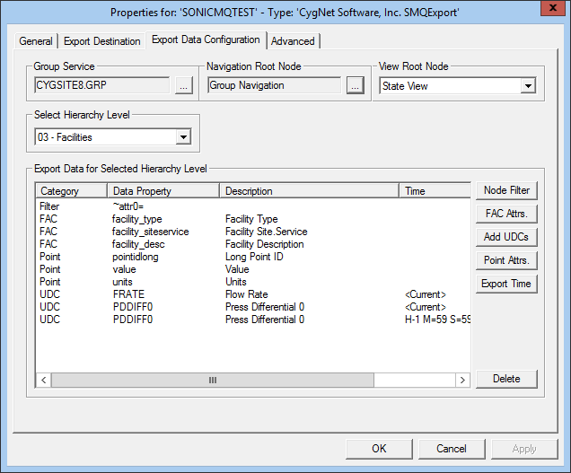 SonicMQ EIE - Export Data Configuration Page